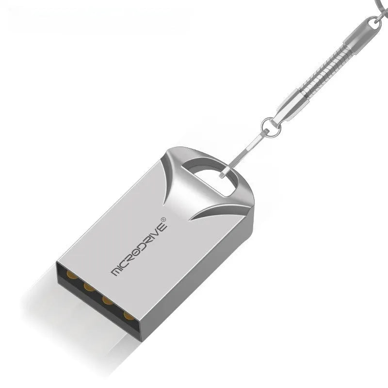 Small black and silver metal USB flash drive showing front and side views