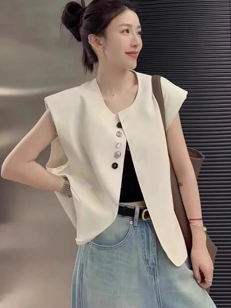 Women's Milky White V-neck polyester vest with side pockets, shown on a model.