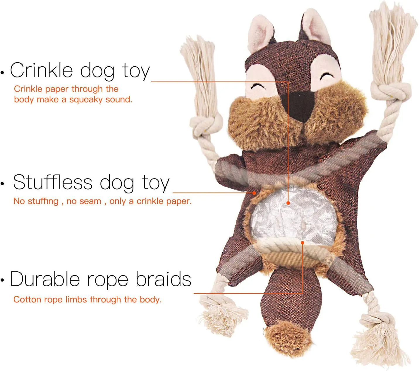 Brown fox-shaped plush dog toy with embroidered eyes, cotton rope limbs, and a squeaker.