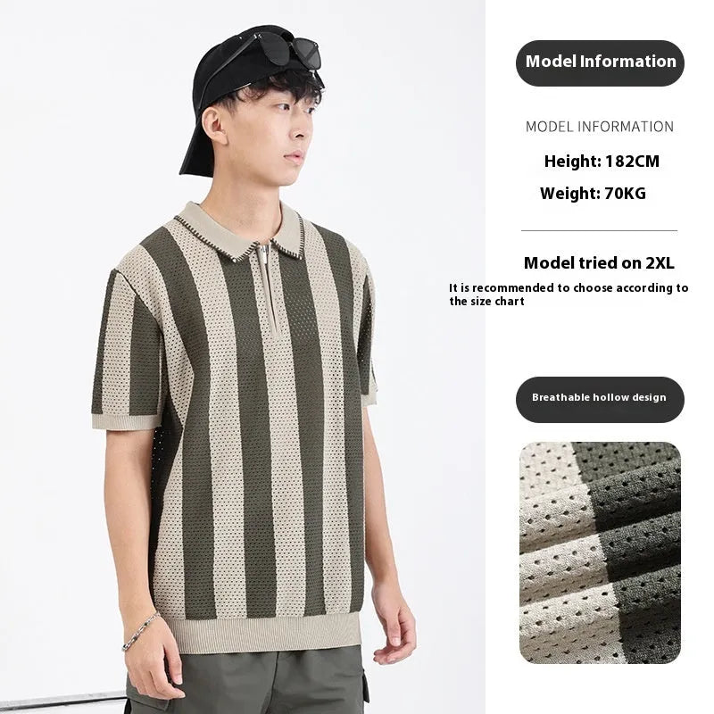 Man wearing a striped ice silk short sleeve sweater with a zipper decoration detail on the front.