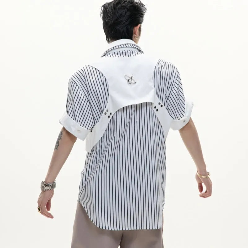 Men's silver sapporo striped cotton shirt with double collar lapel design and short sleeves