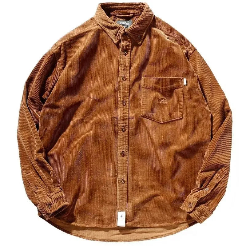 Long sleeve corduroy shirt with loose fit and cardigan style in caramel colour option