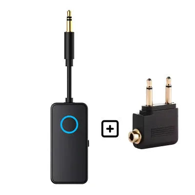 Black Bluetooth 5.4 audio adapter with flexible 3.5mm plug for wireless streaming to car stereos and headphones.
