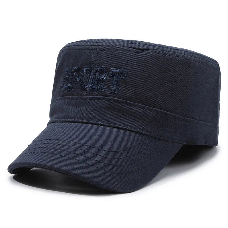 Men's cotton flat-top peaked cap in adjustable size with dome crown