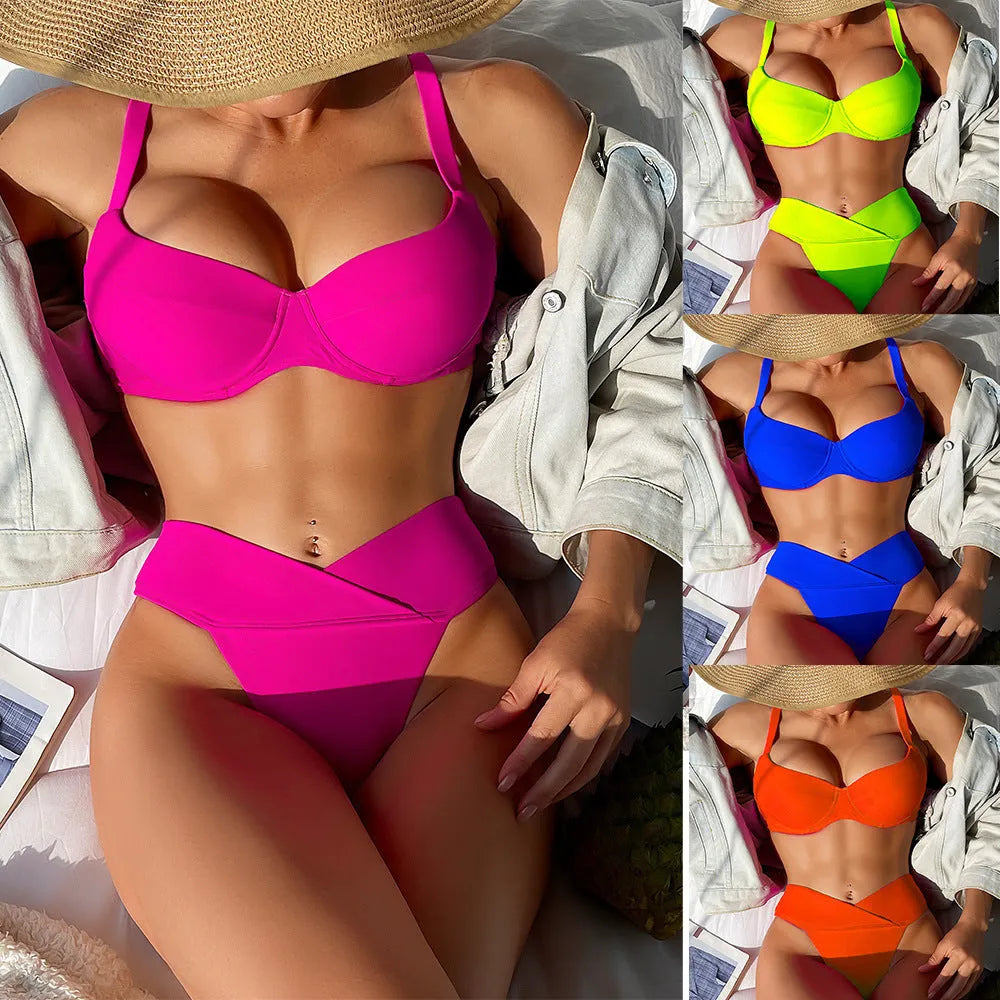 Solid colour fluorescent bikini swimsuit with briefs style for European and American sizing.