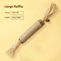 Natural wood cat teething chew rod with Lafite grass and catnip, 2.2cm diameter, shown with raffia scarecrow style