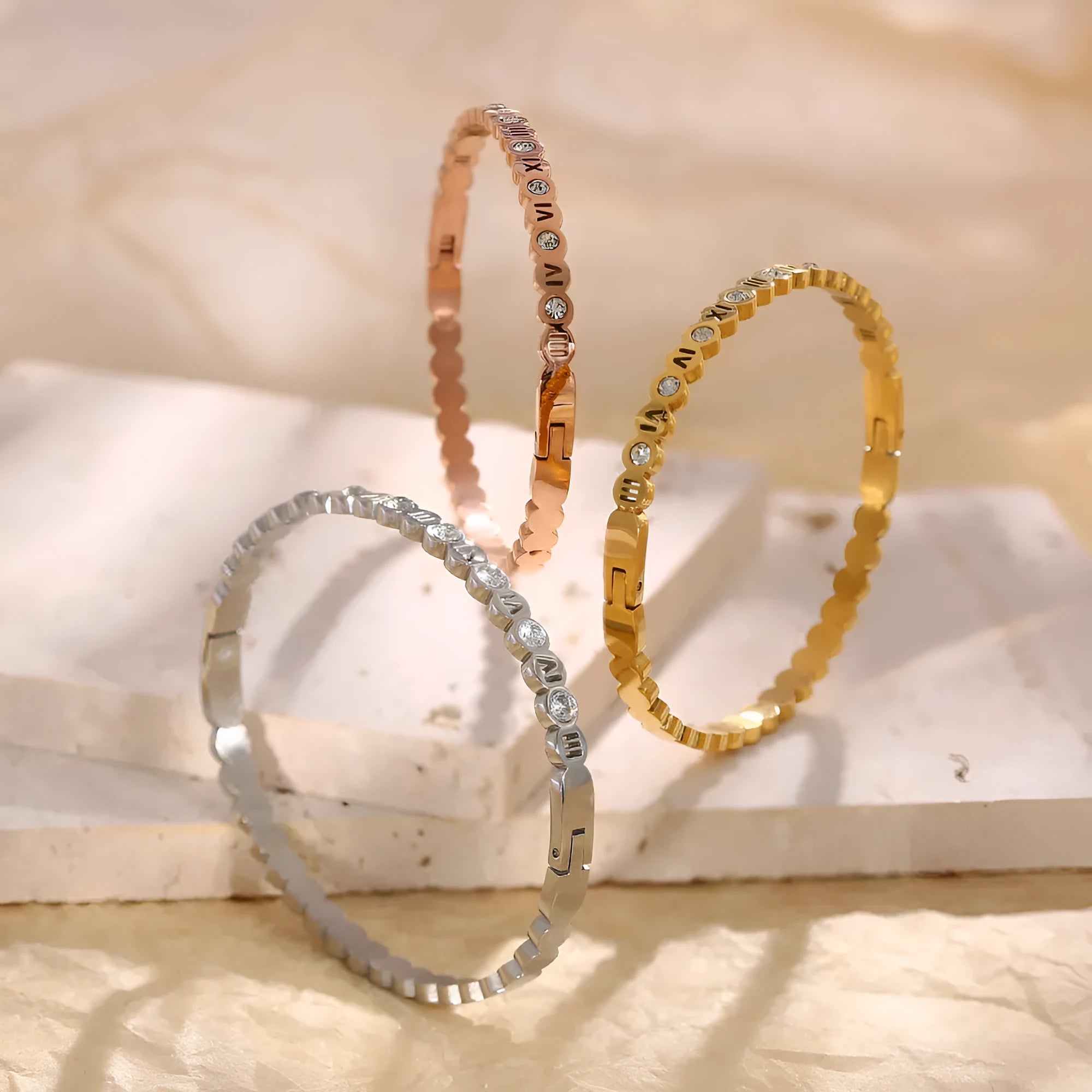Korean style titanium steel bracelet with number elements in gold rose gold or steel colour