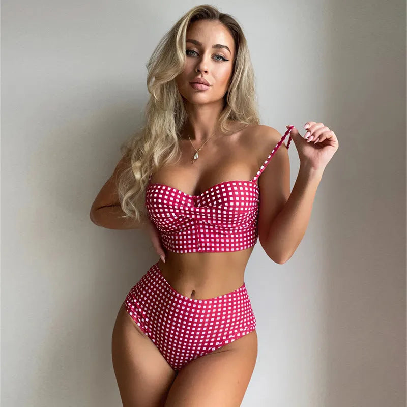 Women's high-waisted plaid split bikini swimsuit in polyester available in four colours
