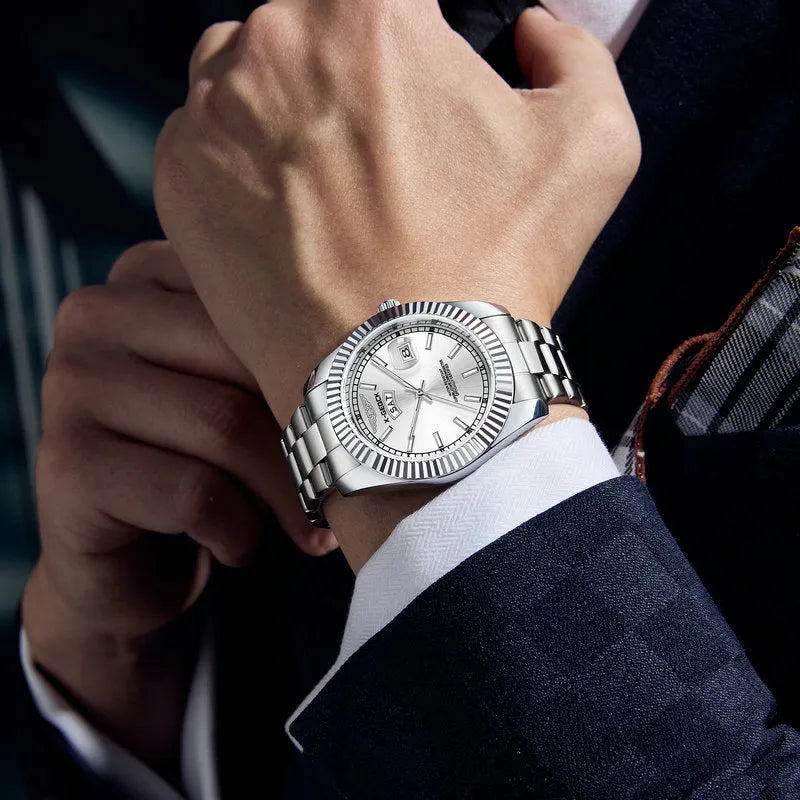 Ultra-thin men's waterproof luminous quartz watch with stainless steel strap and round dial