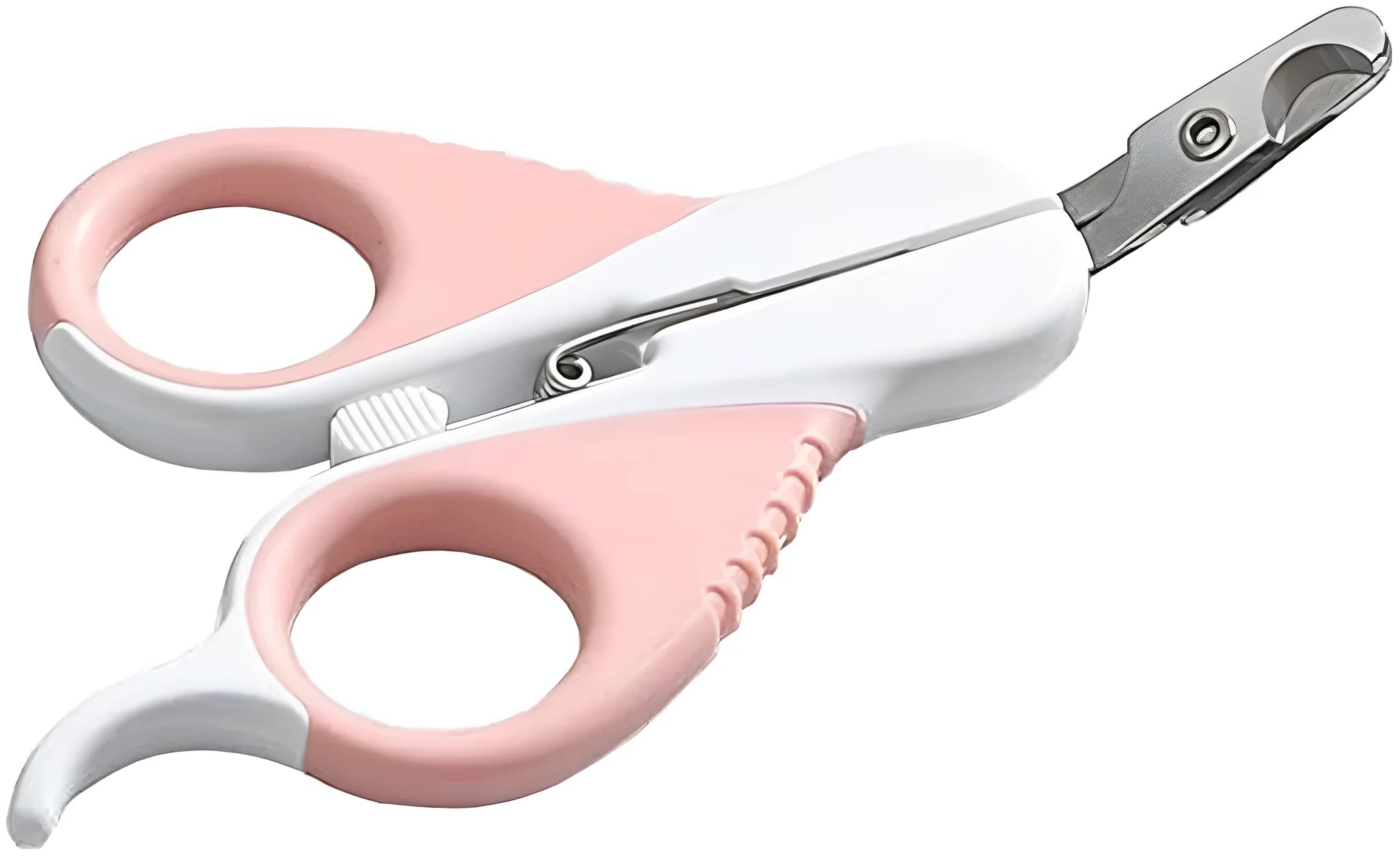 Grey and pink pet nail clippers with angled blade and safety lock for cats and small animals.