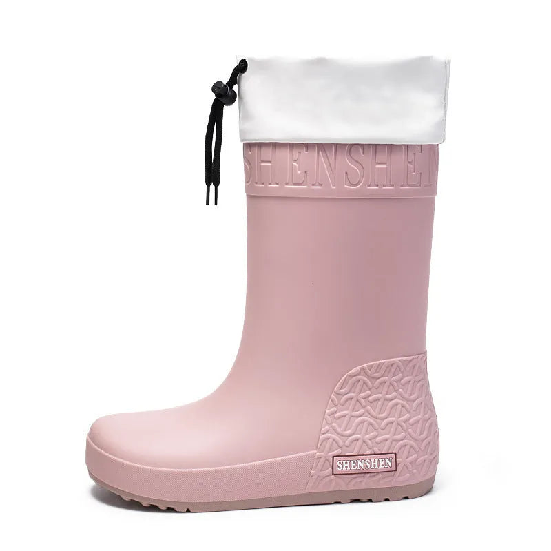 Women's PVC rain boots in solid colours with non-slip soles and waterproof mouth design