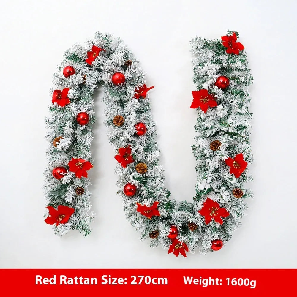 240cm artificial rattan Christmas garland with flocking decoration in golden colour