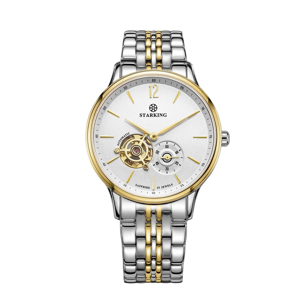 Automatic mechanical men's business watch with skeleton dial and brown leather strap