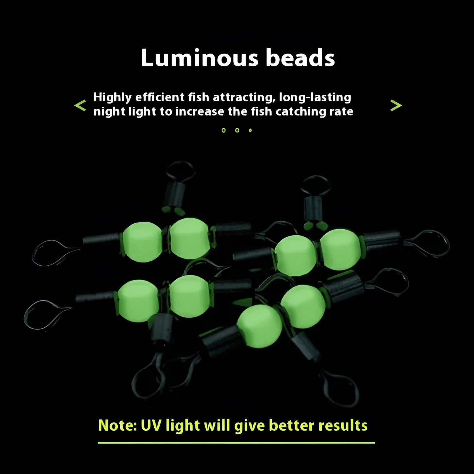 Copper fishing lure accessories showing luminous swivel beads with T-type balance fork rings in multiple sizes