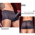 Men's black striped nylon boxer briefs laid flat, showing elastic waistband and leg openings.