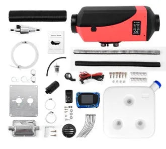 Red and black 12V 24V diesel auxiliary heater kit with fuel tank and components for vehicle installation.