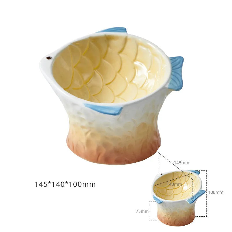 Blue fish-shaped ceramic cat bowl with 15-degree tilt angle and elevated design