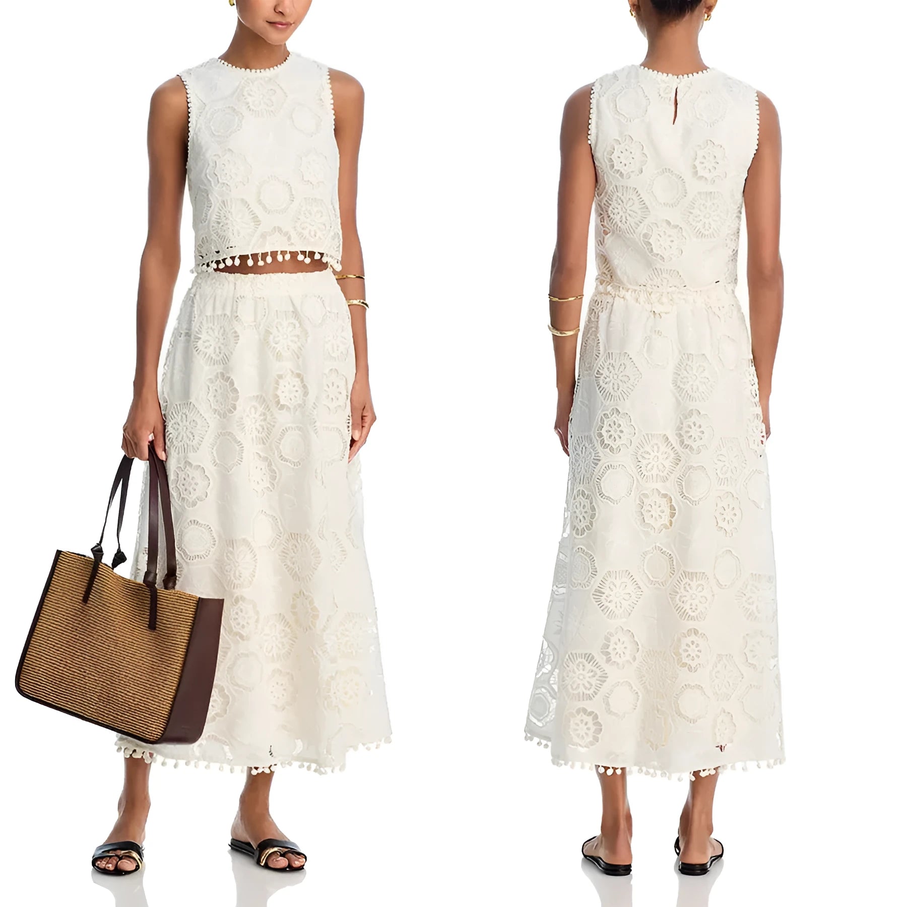 White women's sleeveless top and long skirt suit with retro embroidery detailing