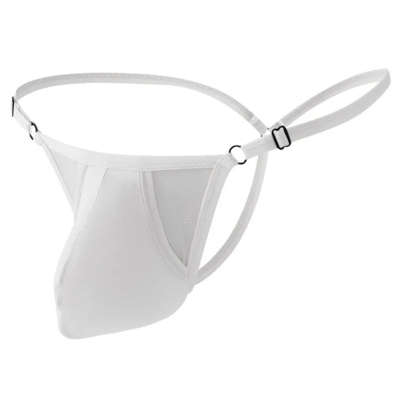 Men's ice silk T-back panties with thin adjustable straps in six colour options