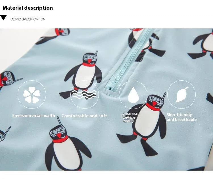 Boys' penguin print long sleeve swim top and matching swimming cap set on a hanger.