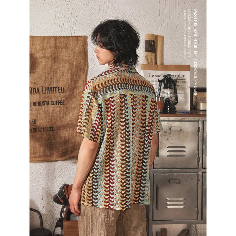 Grey Japanese-style men's shirt with a Cuban collar and textured jacquard pattern, short sleeves.