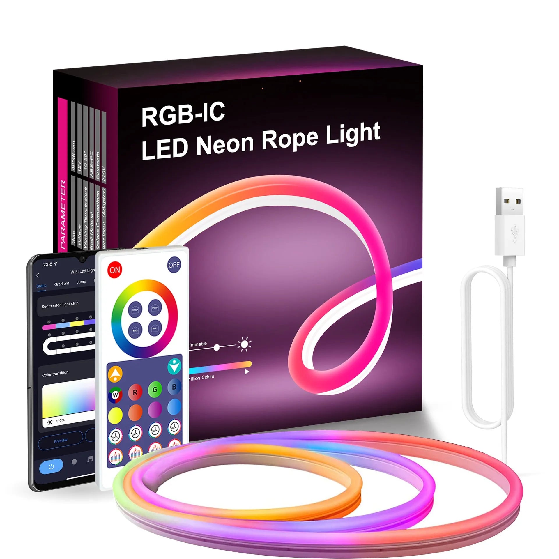 3 metre RGB magic colour Bluetooth WIFI phantom neon LED strip lights with remote control