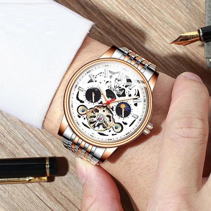 Men's mechanical watch with tourbillon, luminous hands, waterproof case in multiple colour options