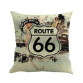 Square linen cushion cover with a landscape pattern, shown in one of six available colours, dimensions 45 by 45 cm.
