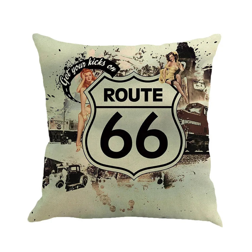 Square linen cushion cover with a landscape pattern, shown in one of six available colours, dimensions 45 by 45 cm.