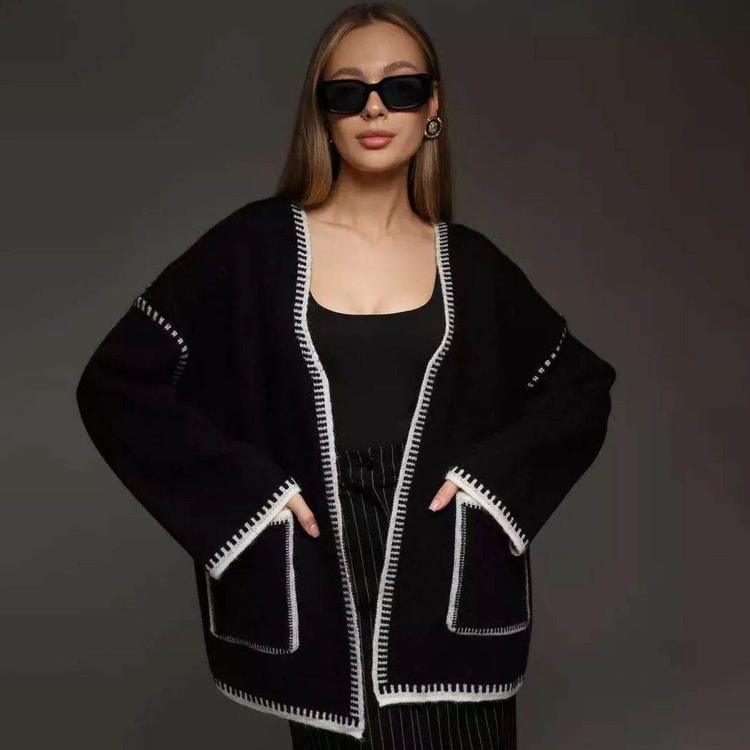 Lace-up knitted cardigan in camel colour with loose fit and mid-length design