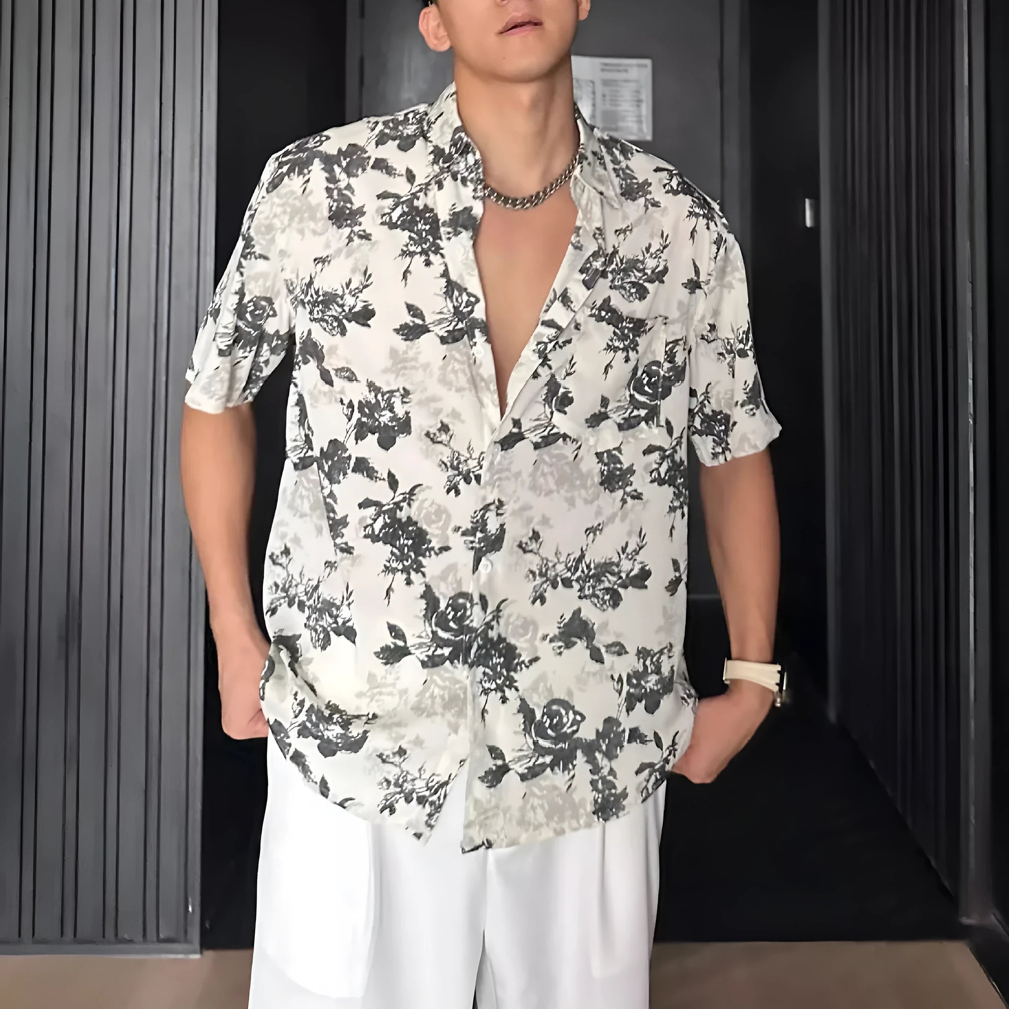 Men's loose fitting floral print short sleeve casual shirt in black and white colour options