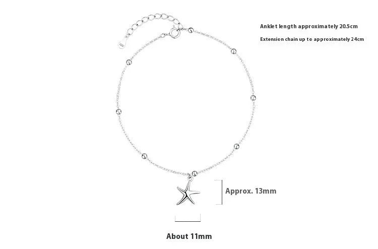 S925 sterling silver starfish anklet with round beads and adjustable length