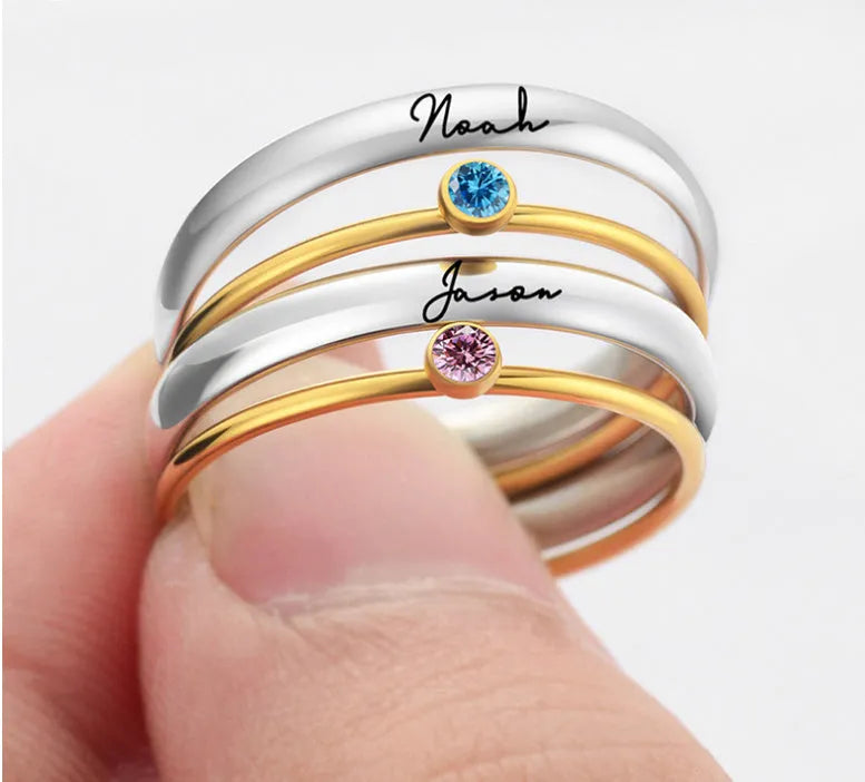 December birthstone titanium steel ring with engraved geometrical design showing superimposed colour combination