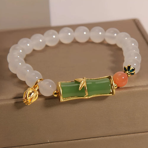 White agate jasper bamboo bracelet with jade beads, adjustable Chinese style women's jewellery