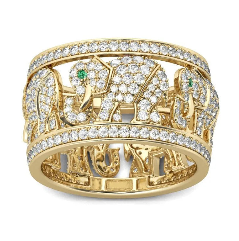 Close-up of a women's alloy elephant ring with full diamond-pattern band and electroplated finish.