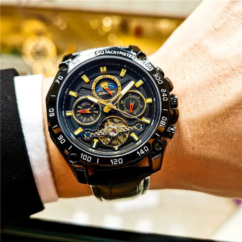 Automatic mechanical mens watch with silver stainless steel case and black dial