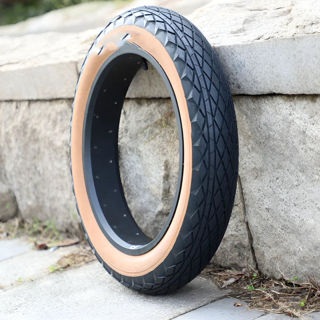 Brown rubber tyre with skin edge pattern for snowmobiles and electric beach carts, 20x4.0 inch dimensions