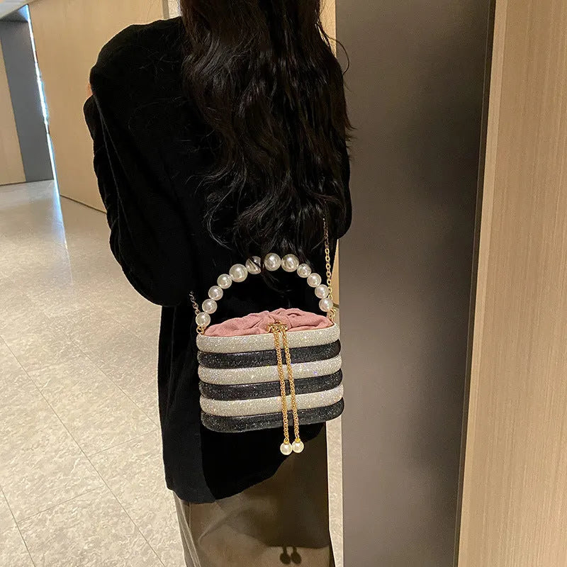 Women's retro style crossbody bag with pearl decoration and single shoulder strap