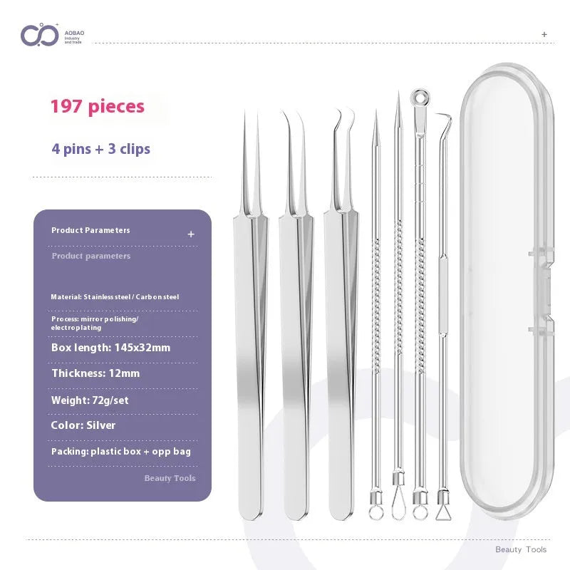Four silver metal acne needles with pointed tips for skincare extraction.