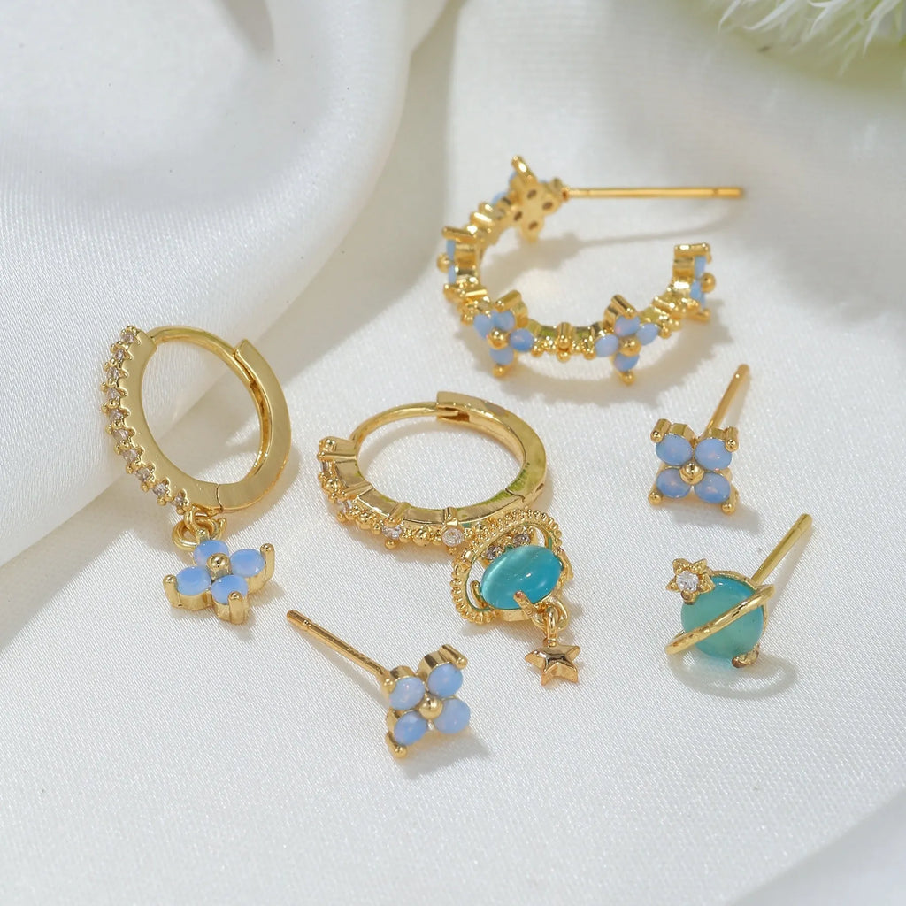 Japanese Korean style floral stud earrings with zircon mosaic in gold or silver colour