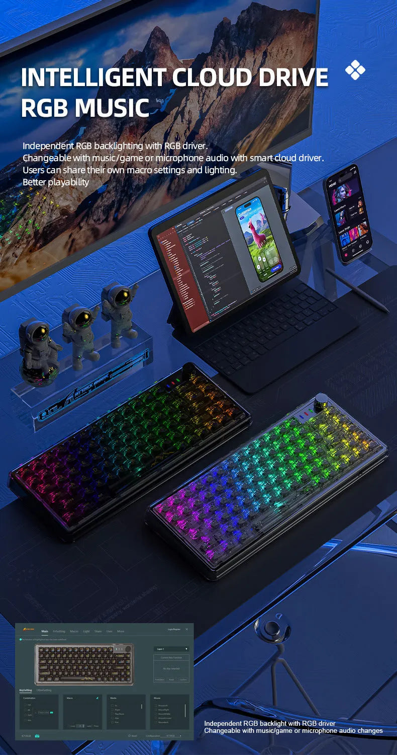 Attack Shark K75 RGB wireless mechanical keyboard with transparent black case, illuminated keys, and included accessories.