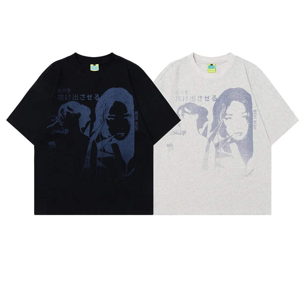 Men's loose-fit black cotton t-shirt with a retro character design print on the front.