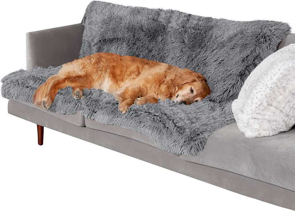 Plush waterproof dog cushion in dark grey, double-layer thickening design with four size options