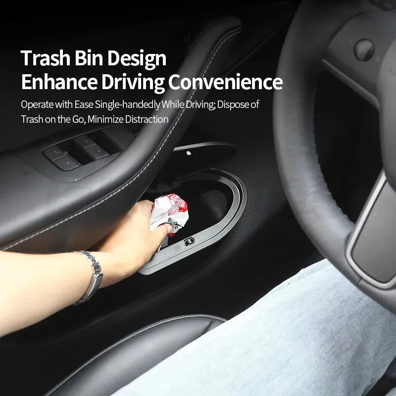 Black ABS plastic car door storage container set for Tesla Model Y front doors.