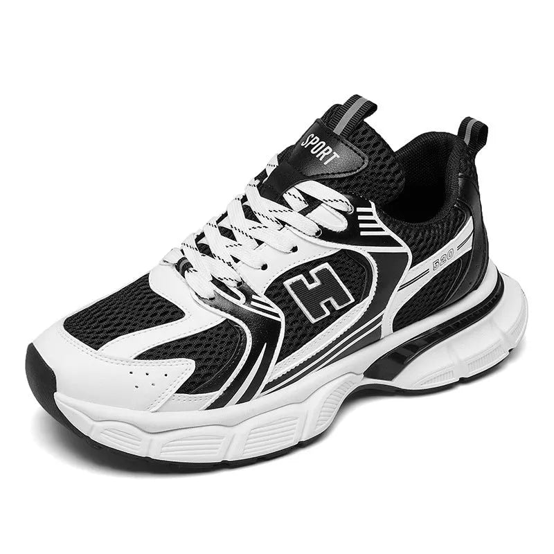 Men's mesh casual running shoes with plastic soles in black, white and gray, or white orange colours