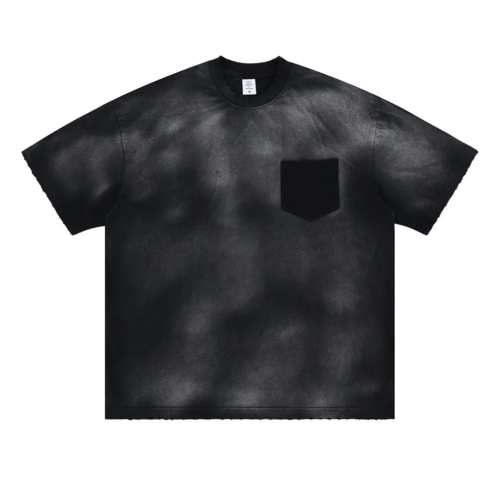 Black men's loose fit cotton t-shirt with printed letter design and drop-shoulder short sleeves