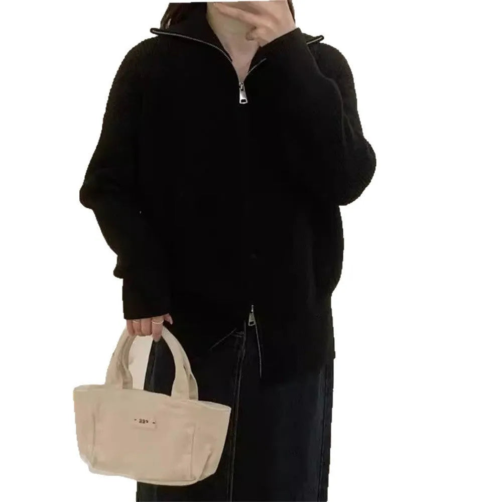 Hong Kong style double zipper knitted cardigan in loose fit with floral pattern