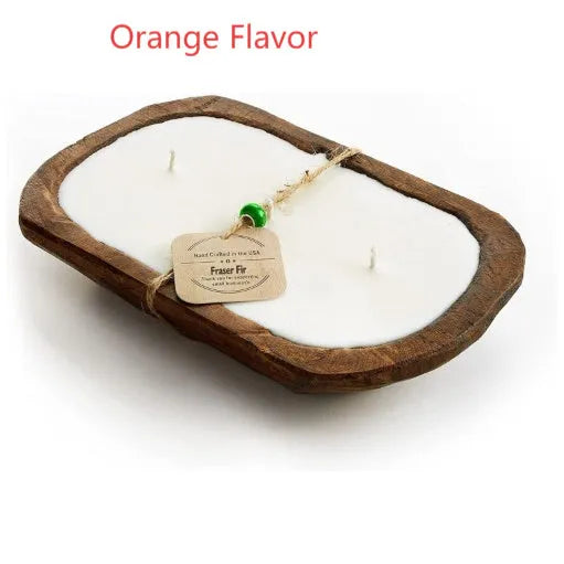Retro lavender wooden basin containing a soy wax aromatherapy candle with a three-lamp wick.