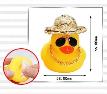 Yellow duck cartoon character wearing straw hat car dashboard ornament with sunglasses and necklace accessories