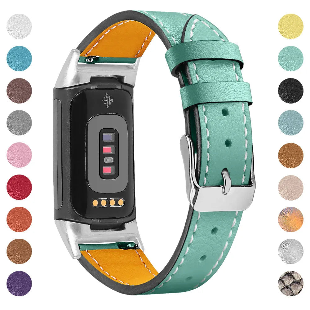 Genuine cowhide leather strap for Fitbit Charge 5 and Charge 6 smartwatch in multiple colour options.